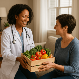Healthcare provider delivering a food prescription box to patient