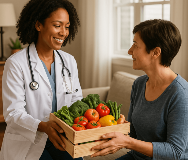 Healthcare provider delivering a food prescription box to patient