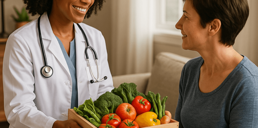 Healthcare provider delivering a food prescription box to patient