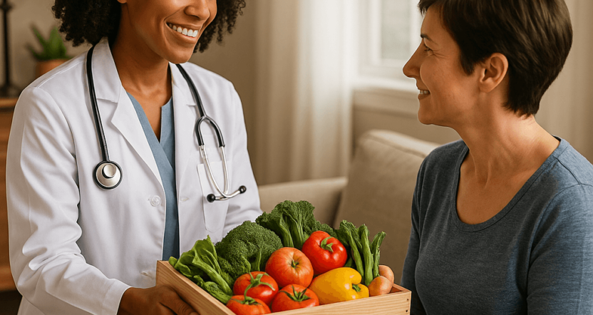 Healthcare provider delivering a food prescription box to patient
