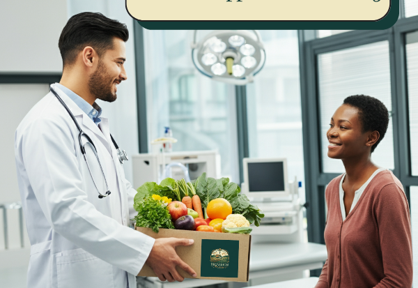 Doctor handing a box of fresh produce to a patient in a hospital setting