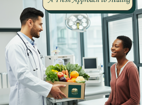 Doctor handing a box of fresh produce to a patient in a hospital setting