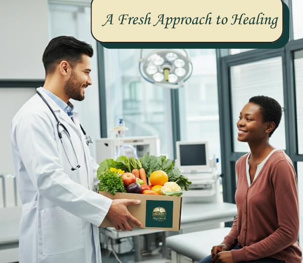 Doctor handing a box of fresh produce to a patient in a hospital setting