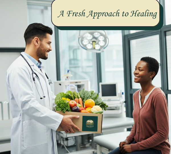 prescribe-produce-hospital-featured Doctor handing a box of fresh produce to a patient in a hospital setting